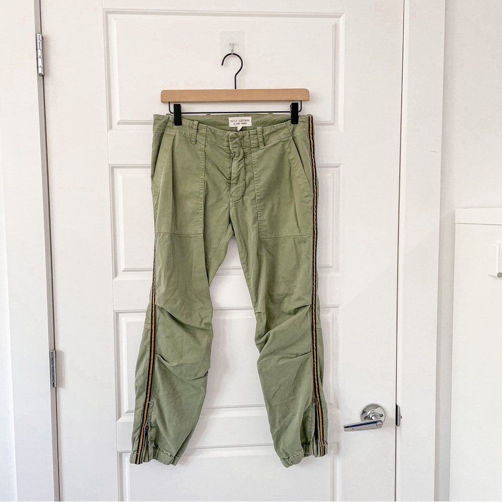 Nili Lotan Cropped French Military Pants Camo Green Grosgrain Tape - Picture 4 of 8